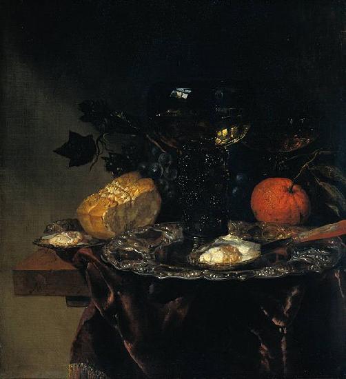 Abraham van Beijeren Stilleven met roemer op een zilveren schaal, oesters en blauwe kaas op een donker kleed oil painting picture